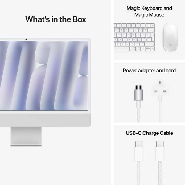 Apple iMac  24-inch (2024), M4 chip with 10-core CPU, 24GB RAM, 512GB SSD, 10-core GPU, 4.5K Retina Display, Eng-Arb Keyboard, UAE Version, Silver, MCR24AB/A