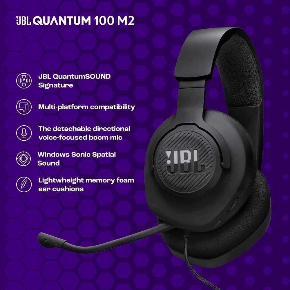 JBL Quantum 100M2 Gaming Headset — 40mm Driver, Detachable Mic, 3.5mm Universal (Purple)