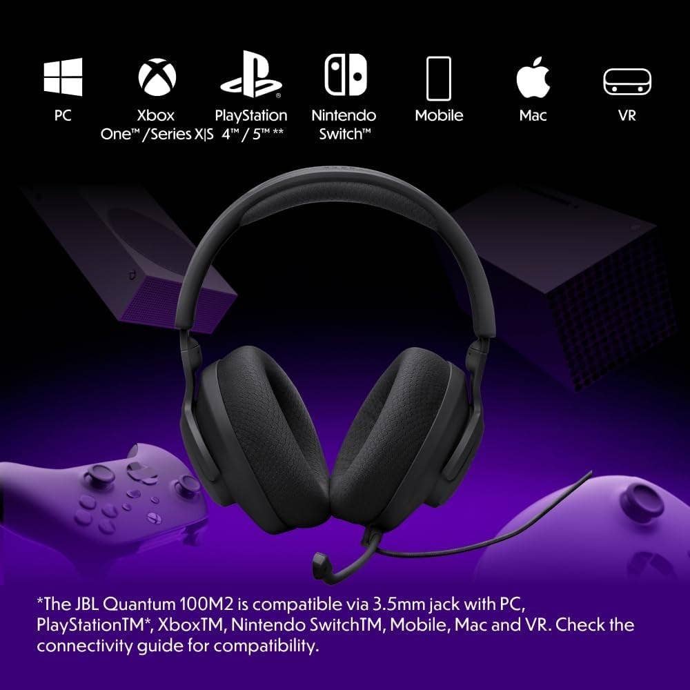 JBL Quantum 100M2 Gaming Headset — 40mm Driver, Detachable Mic, 3.5mm Universal (Purple)
