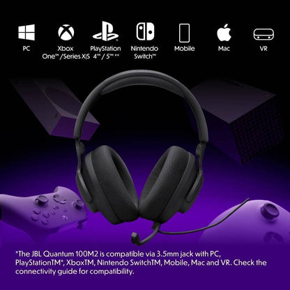 JBL Quantum 100M2 Gaming Headset — 40mm Driver, Detachable Mic, 3.5mm Universal (Purple)