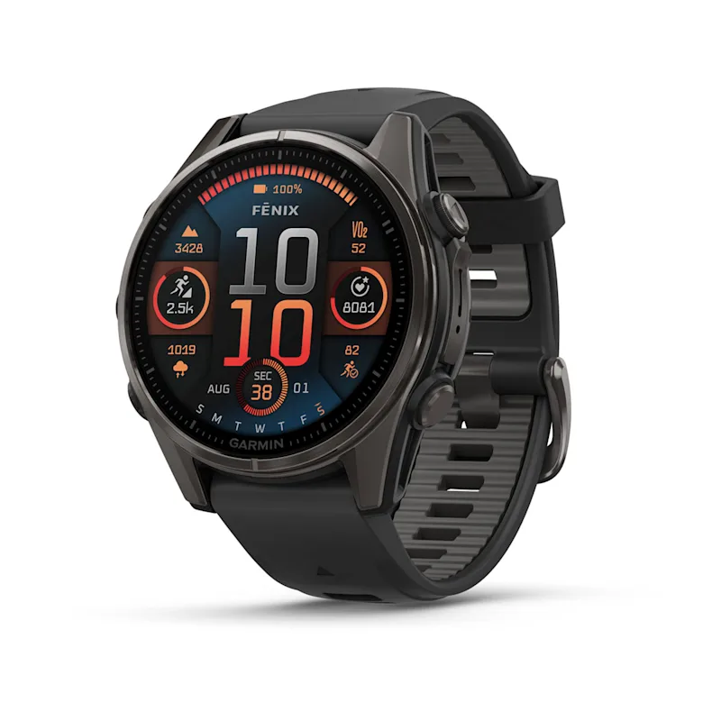 GARMIN FENIX 8 - 43 MM, AMOLED, SAPPHIRE CARBON GRAY DLC TITANIUM WITH
BLACK/PEBBLE GRAY SILICONE