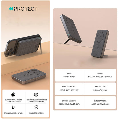 PROTECT  Slim Magsafe Power Bank, Wireless, 15W Fast charging , 6,700 mAh, Premium fabric, with stand, Grey, PBW6710
