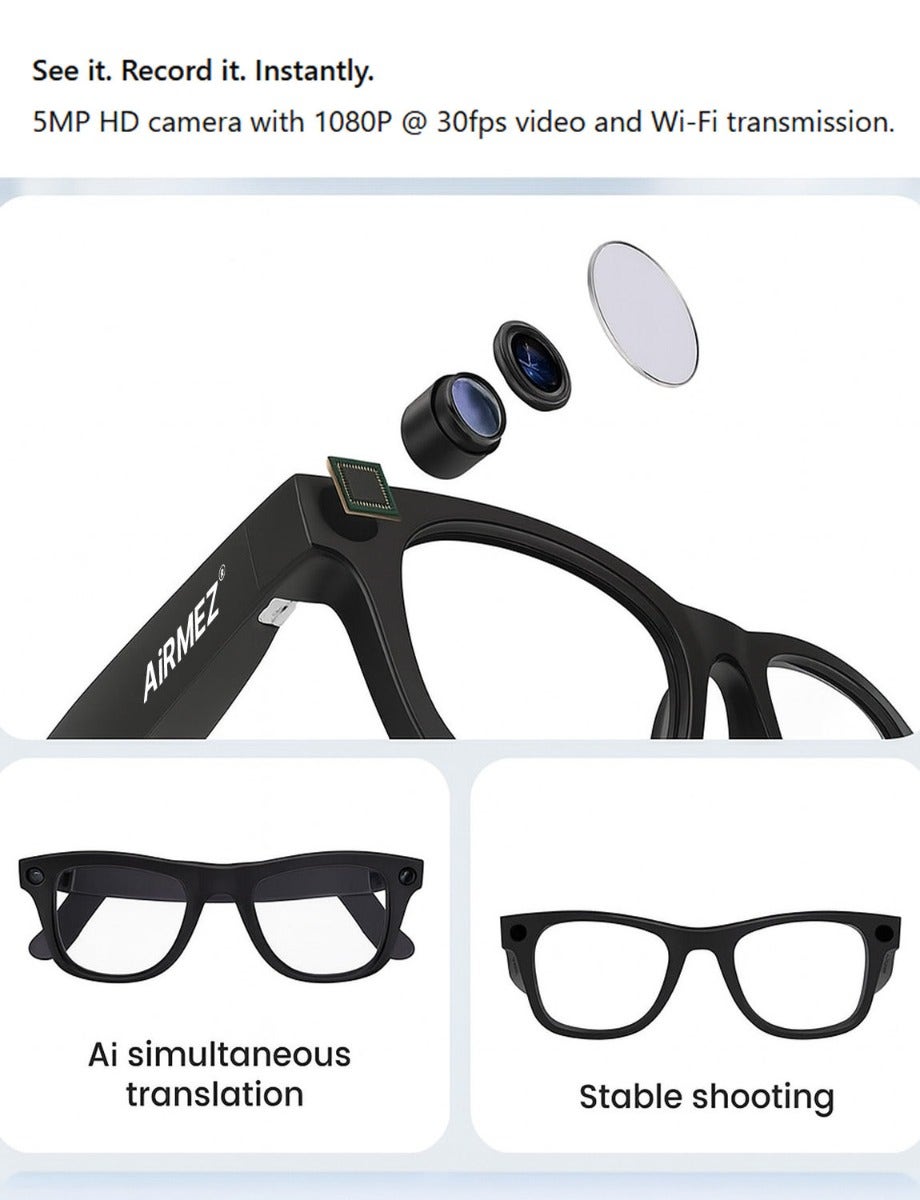 Airmez Mezlens S1 Smart AI Glasses with Camera, Black