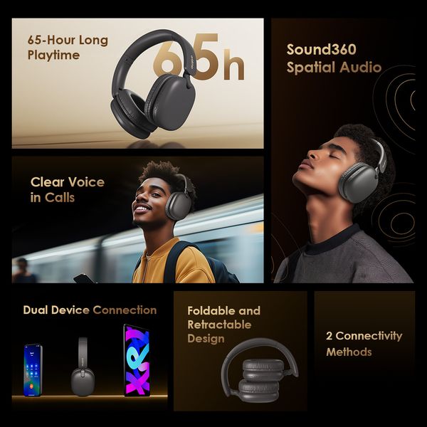 Oraimo  BoomPop Lite  Over-Ear  On Ear Headset, BT V5.3, ENC, 60-Hour Long Playtime, Black, OHP-317SBLK