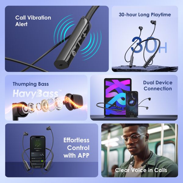 Oraimo  necklace lite Vibration Notifications Neckband, BT V5.3, 220mAh, Dual-device Connectivity, Blue, OEB-E311BLU