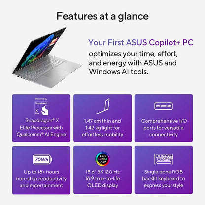 ASUS Vivobook S5507QA-MA007W True AI Laptop, Qualcomm X1P QS-X1P42100, 16GB RAM, 1TB SSD, Qualcomm Adreno, 15.6 3K OLED, Windows 11 Home, Cool Silver