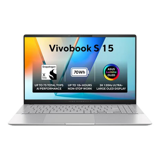 ASUS Vivobook S15 OLED S5507QA- MA001W/Qualcomm Snapdragon X Elite X1E 78-100/32GB RAM/1TB SSD/Qualcomm Adreno GPU/15.6 3K(2880x1620)120Hz/Windows 11 Home/Keyboard 1-Zone RGB/Copilot+ /Cool Silver